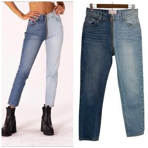 REVICE Denim Yin Yang Two Tone High Rise Straight‎ Leg Jeans Tokyo Wash Size 28